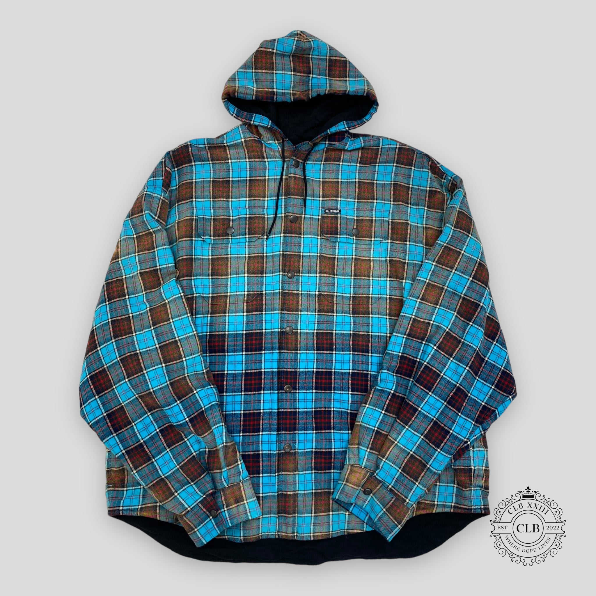 BALENCIAGA BLEACHED PLAID HOODED FLANNEL - BLUE Men Shirt